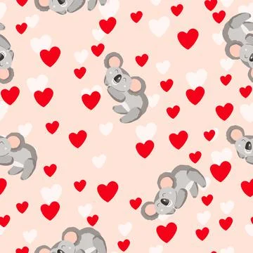 Seamless pattern with cute koala baby and hearts on color background. Funny Stock Illustration