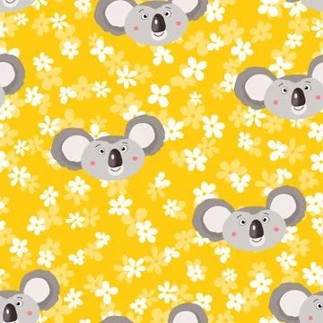 Seamless pattern with cute koala baby and flowers on white background. Funny Illustrazione stock