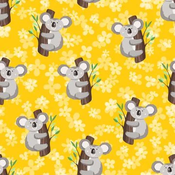 Seamless pattern with cute koala baby and flowers on white background. Funny Stock Illustration