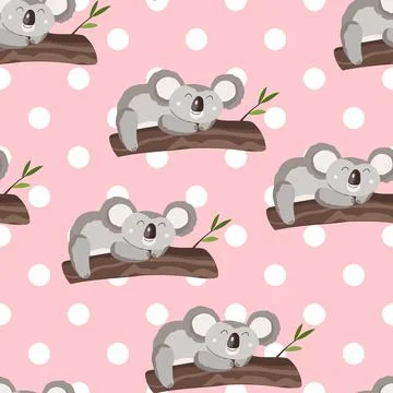 Seamless pattern with cute koala baby and flowers on color polka dots background Illustrazione stock