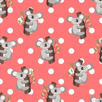 Seamless pattern with cute koala baby and flowers on color polka dots background Stock Illustration
