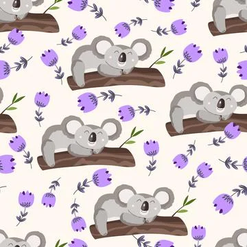 Seamless pattern with cute koala baby and flowers on color background. Funny Stock Illustration