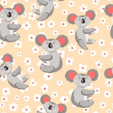 Seamless pattern with cute koala baby and flowers on color background. Funny Illustrazione stock