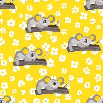 Seamless pattern with cute koala baby and flowers on color background. Funny Illustrazione stock