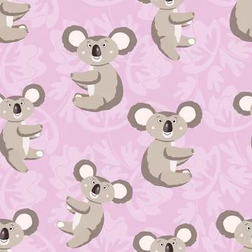 Seamless pattern with cute koala baby and flowers on color background. Funny イラスト素材