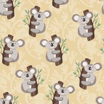 Seamless pattern with cute koala baby and flowers on color background. Funny Stock Illustration