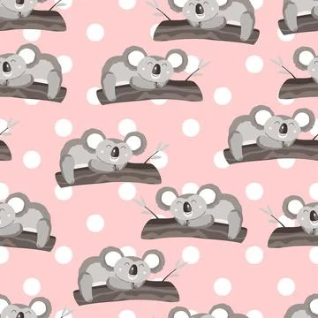 Seamless pattern with cute koala baby on color polka dots background. Funny イラスト素材