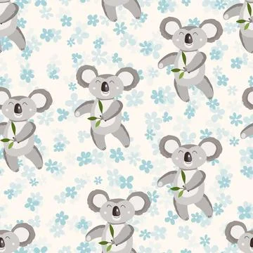 Seamless pattern with cute koala baby and flowers on color background. Funny イラスト素材