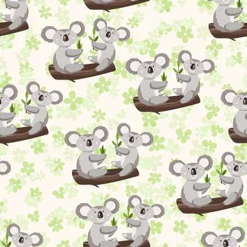 Seamless pattern with cute koala baby and flowers on color background. Funny Stock Illustration
