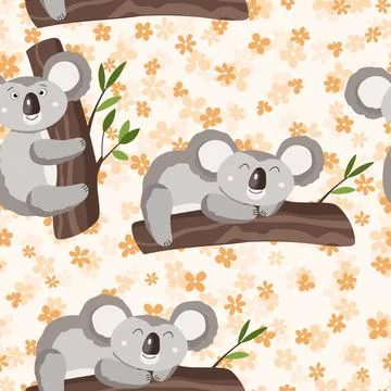 Seamless pattern with cute koala baby and flowers on color background. Funny イラスト素材