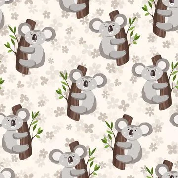 Seamless pattern with cute koala baby and flowers on color background. Funny イラスト素材