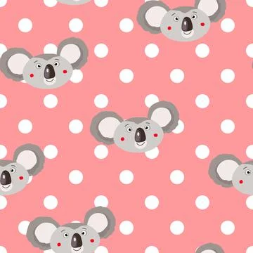 Seamless pattern with cute koala baby and flowers on color polka dots background Illustrazione stock