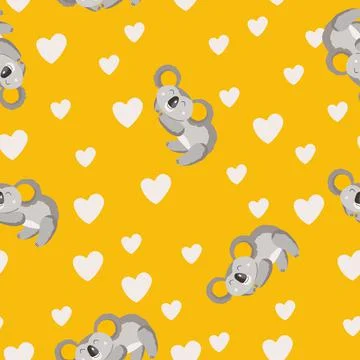 Seamless pattern with cute koala baby and hearts on yellow background. Funny イラスト素材