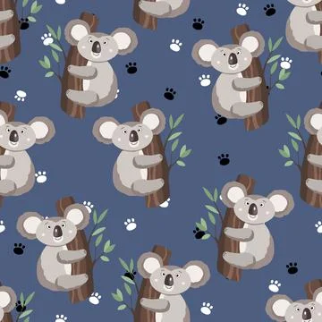 Seamless pattern with cute koala baby and footprint on color background. Funny Stock Illustration