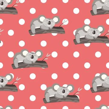 Seamless pattern with cute koala baby and flowers on color polka dots background イラスト素材