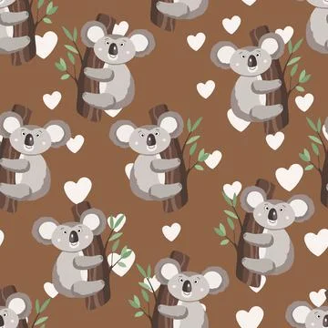Seamless pattern with cute koala baby and hearts on brown background. Funny Stock Illustration
