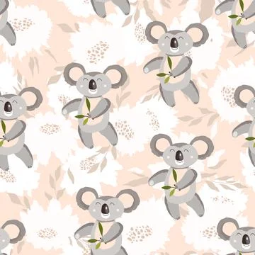 Seamless pattern with cute koala baby and flowers on color background. Funny Illustrazione stock