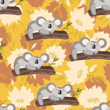 Seamless pattern with cute koala baby and flowers on color background. Funny Stock Illustration