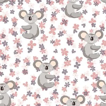 Seamless pattern with cute koala baby and flowers on white background. Funny Stock Illustration