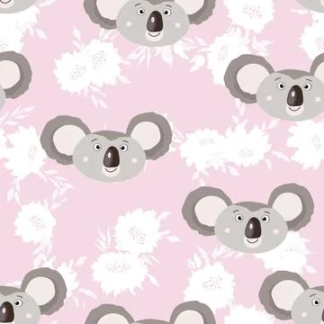Seamless pattern with cute koala baby and flowers on white background. Funny Stock Illustration