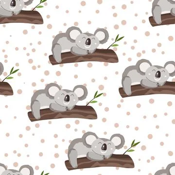 Seamless pattern with cute koala baby and hearts on white polka dots background Illustrazione stock