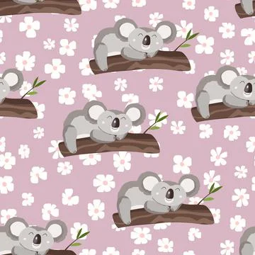 Seamless pattern with cute koala baby and flowers on color background. Funny イラスト素材