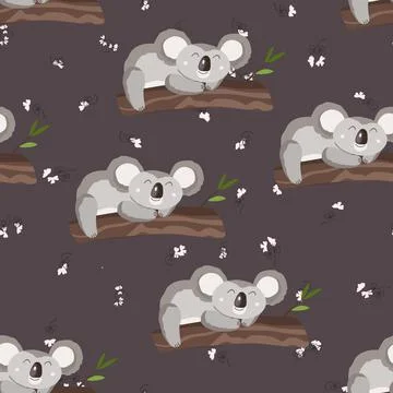 Seamless pattern with cute koala baby and flowers on color background. Funny イラスト素材