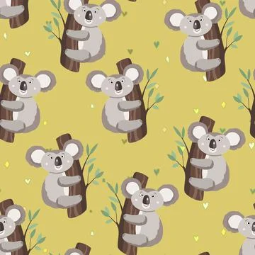 Seamless pattern with cute koala baby on color background. Funny australian 스톡 일러스트