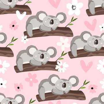 Seamless pattern with cute koala baby on color background. Funny australian イラスト素材