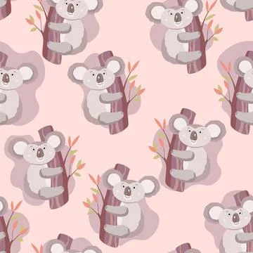 Seamless pattern with cute koala baby on color background. Funny australian イラスト素材