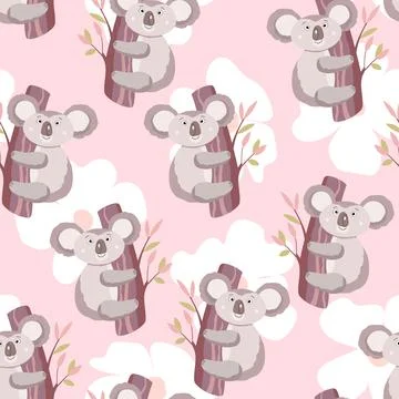 Seamless pattern with cute koala baby on color background. Funny australian Illustrazione stock