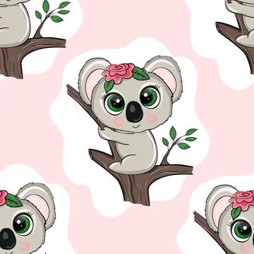 Seamless pattern with cute koala baby on color background. Funny australian Stock Illustration