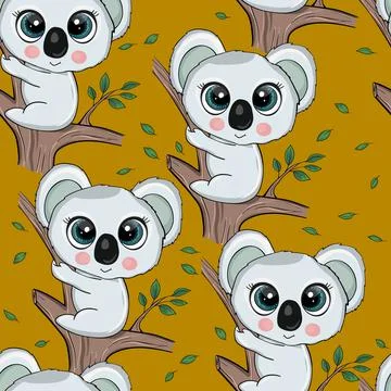 Seamless pattern with cute koala baby on color background. Funny australian Stock Illustration