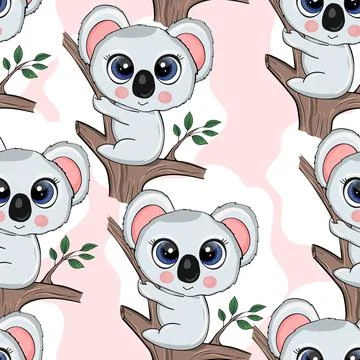 Seamless pattern with cute koala baby on color background. Funny australian Stock Illustration