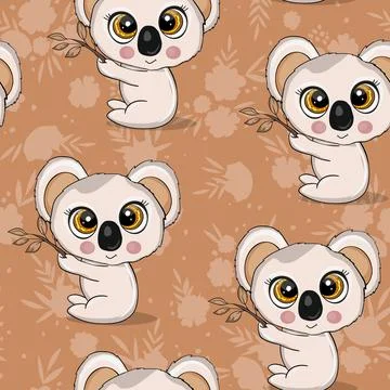 Seamless pattern with cute koala baby on color background. Funny australian イラスト素材