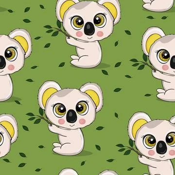Seamless pattern with cute koala baby on color background. Funny australian イラスト素材