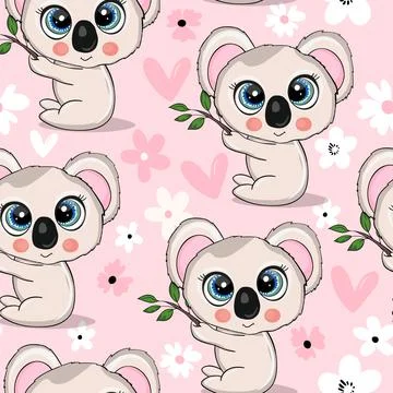 Seamless pattern with cute koala baby on color background. Funny australian イラスト素材