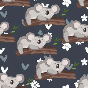 Seamless pattern with cute koala baby on color background. Funny australian Stockillustratie