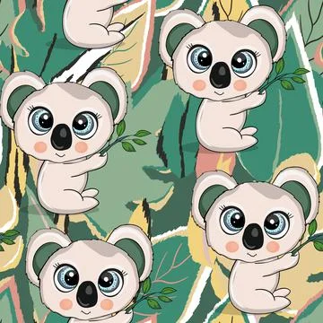 Seamless pattern with cute koala baby on color background. Funny australian Stockillustratie