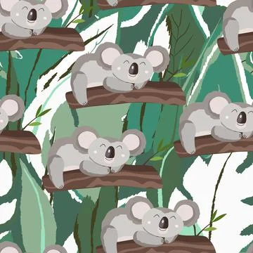 Seamless pattern with cute koala baby on color background. Funny australian Stock Illustration