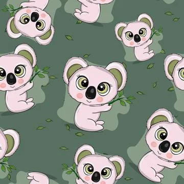 Seamless pattern with cute koala baby on color background. Funny australian イラスト素材