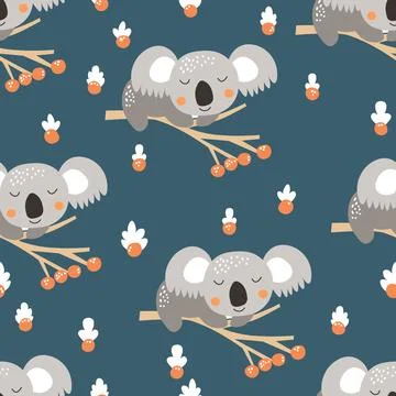 Seamless pattern with cute koala baby on color background. Funny australian Stock Illustration