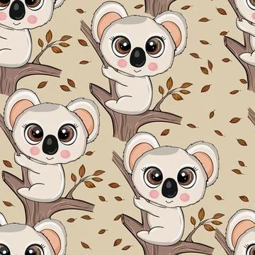 Seamless pattern with cute koala baby on color background. Funny australian イラスト素材