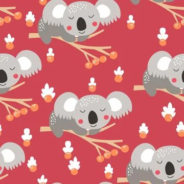 Seamless pattern with cute koala baby on color background. Funny australian Illustrazione stock