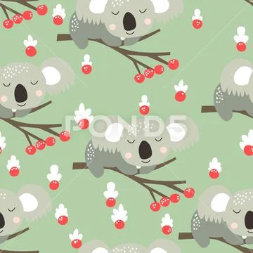 Seamless pattern with cute koala baby on color background. Funny