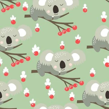 Seamless pattern with cute koala baby on color background. Funny australian Stockillustratie