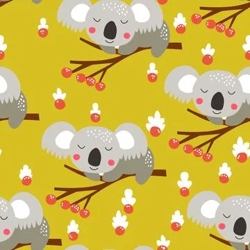 Seamless pattern with cute koala baby on color background. Funny australian Stock Illustration