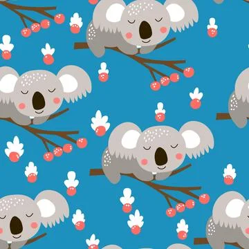 Seamless pattern with cute koala baby on color background. Funny australian Illustrazione stock