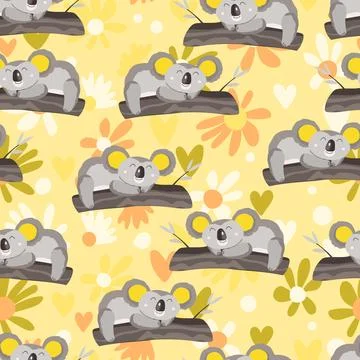 Seamless pattern with cute koala baby on color background. Funny australian Stock Illustration
