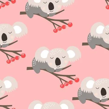 Seamless pattern with cute koala baby on color background. Funny australian Illustrazione stock
